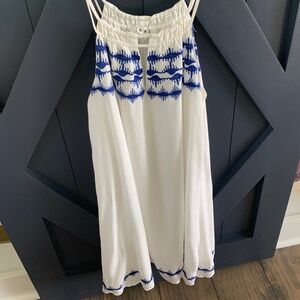 T H M L White Dress with Royal Blue Tribal Detail